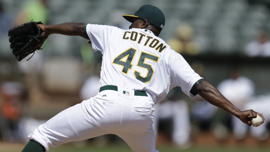 A's pitcher Jharel Cotton struck out the side in the first inning and added another strikeout in the second inning Tuesday against the Indians. (AP)