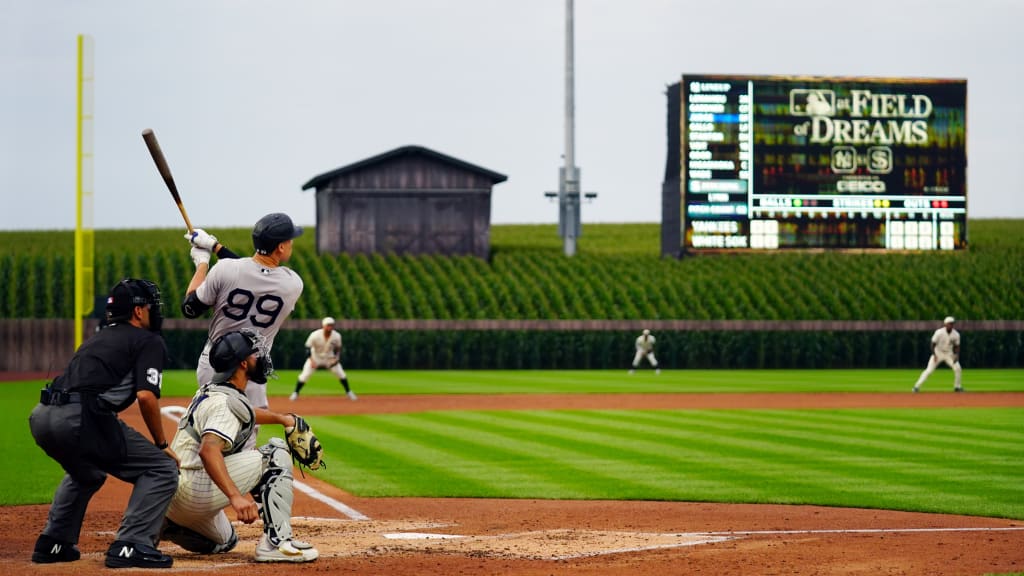 “I hope I hit one into the corn,” Aaron Judge said before the game, and he did just that, blasting a three-run homer in the third inning and a two-run shot in the ninth. (Credit: New York Yankees)