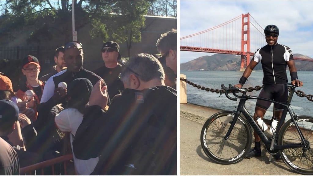 Barry Bonds sports a new look with fancy bicycle, slimmed-down appearance