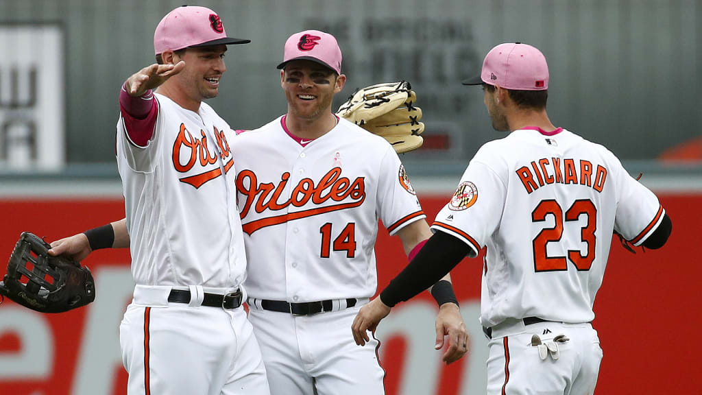 From left to right,Baltimore Orioles outfielders Trey Mancini, Craig Gentry and Joey Rickard celebrate after a baseball game against the Tampa Bay Rays, Sunday, May 13, 2018, in Baltimore. (AP Photo/Patrick Semansky)