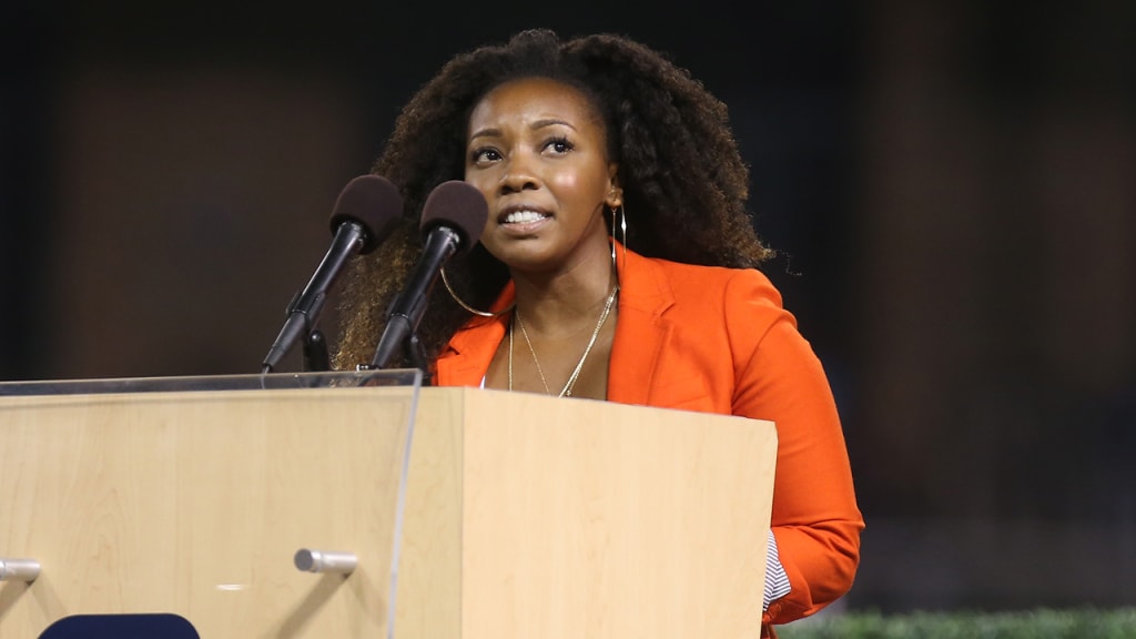 Anisha Gwynn-Jones, a plaintiff in the lawsuit, speaks during a memorial tribute to Tony Gwynn in 2014.
