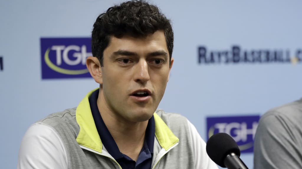 Tampa Bay Rays Senior vice-presidents of baseball operations, Chaim Bloom, left, and Erik Neander, speak to the media during a season ending baseball news conference Monday, Oct. 2, 2017, in St. Petersburg, Fla. The Rays finished their season on Sunday, ending with an 80-82 record. (AP Photo/Chris O'Meara)