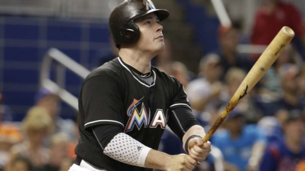 J.T. Realmuto of the Miami Marlins prepares to take the field during