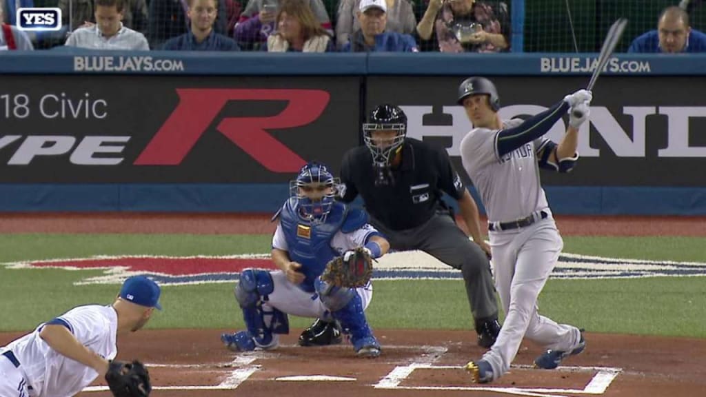 New York Yankees designated hitter Giancarlo Stanton breaks his bat on an  RBI single scoring Aaron Judge in the fifth inning against the Baltimore  Orioles at Yankee Stadium on Thursday, April 28