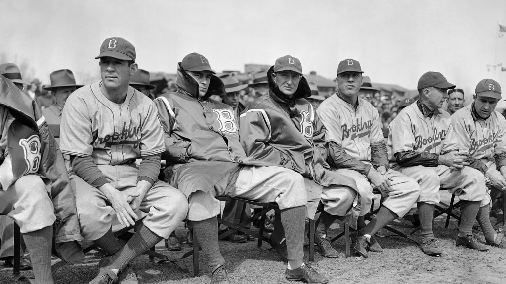 Players had to bundle up for the Dodgers' opening exhibition game at Bear Mountain, New York in March 1943.