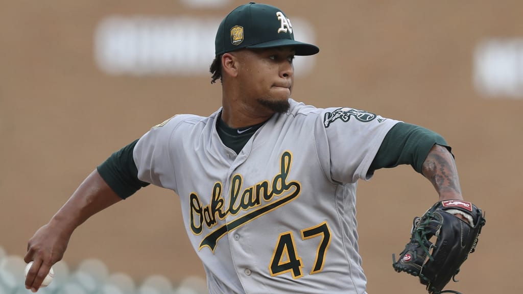Oakland Athletics starting pitcher Frankie Montas throws to first on a pickoff attempt during the first inning of a baseball game against the Detroit Tigers, Tuesday, June 26, 2018, in Detroit. (AP Photo/Carlos Osorio)