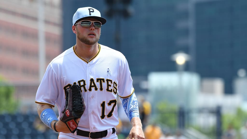 PITTSBURGH, PA - JUNE 17: Austin Meadows #17 of the Pittsburgh Pirates runs off the field in the first inning during the game against the Cincinnati Reds at PNC Park on June 17, 2018 in Pittsburgh, Pennsylvania. (Photo by Justin Berl/Getty Images)