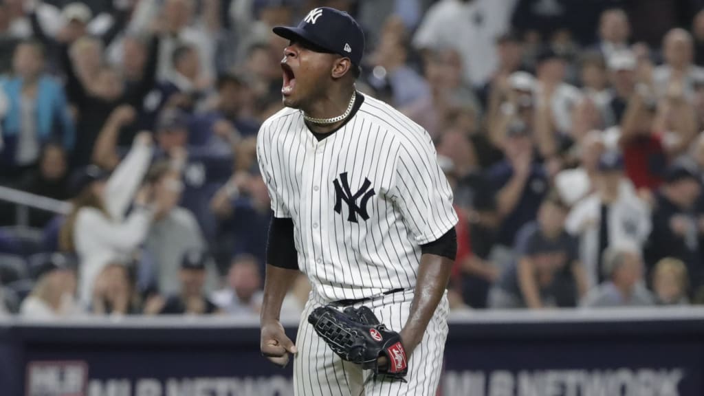 New York Yankees starting pitcher Luis Severino reacts after striking out Oakland Athletics' Marcus Semien with the bases loaded to end the top of the fourth inning of the American League wild-card playoff baseball game, Wednesday, Oct. 3, 2018, in New York. (AP Photo/Frank Franklin II)