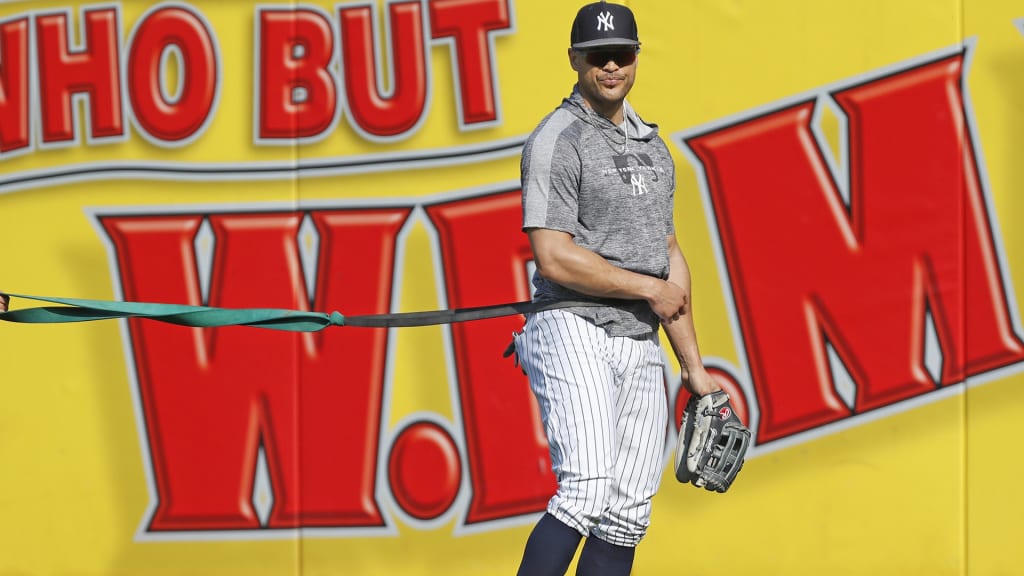 New York Yankees OF Giancarlo Stanton raking at plate while