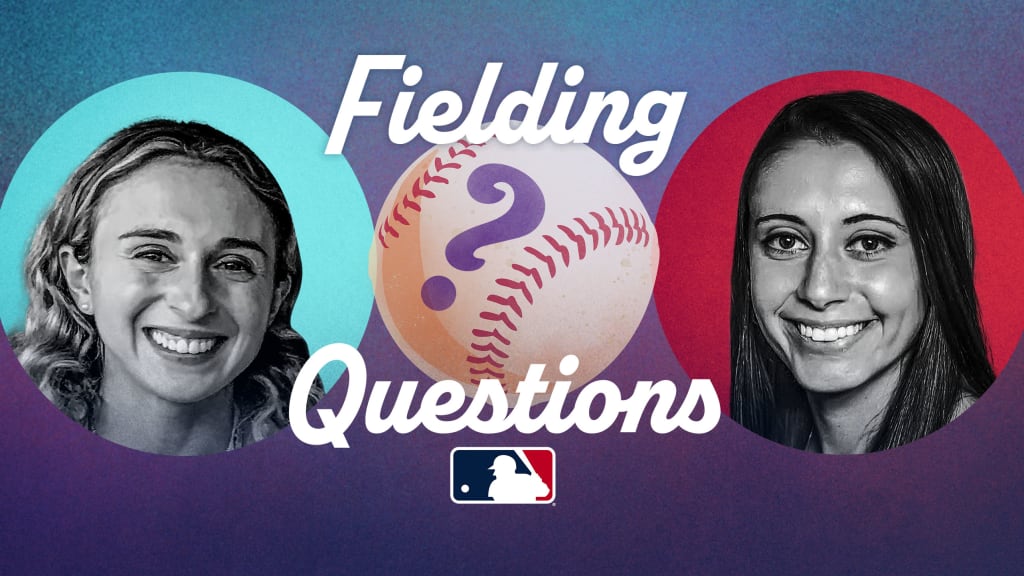 The podcast title ''Fielding Questions'' appear above and below a baseball with a question mark in it. On the left is a portrait of a smiling Sarah Langs and on the right a smiling Mandy Bell, the hosts of the podcast