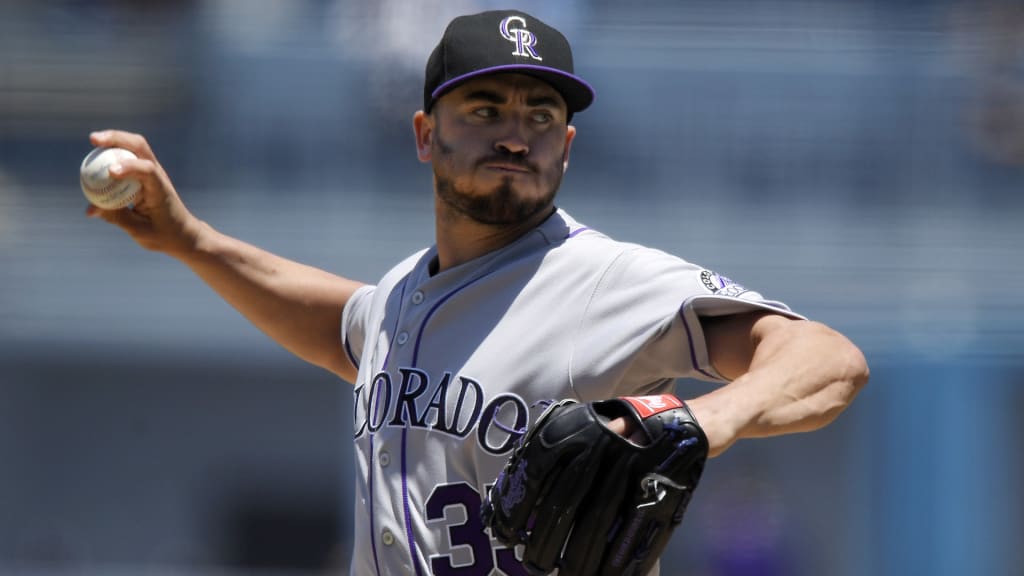 Colorado Rockies starting pitcher Chad Bettis throws to the plate during the first inning of a baseball game against the Los Angeles Dodgers, Sunday, July 1, 2018, in Los Angeles. (AP Photo/Mark J. Terrill)