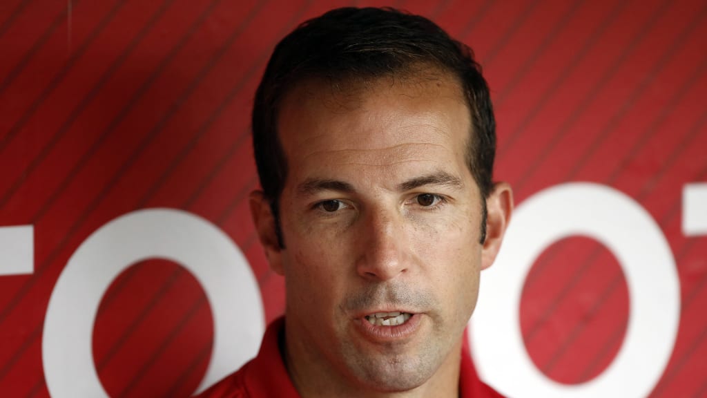 Los Angeles Angels general manager Billy Eppler talks with the media before a baseball gam against the Houston Astros in Anaheim, Calif., Monday, June 27, 2016. (AP Photo/Alex Gallardo)