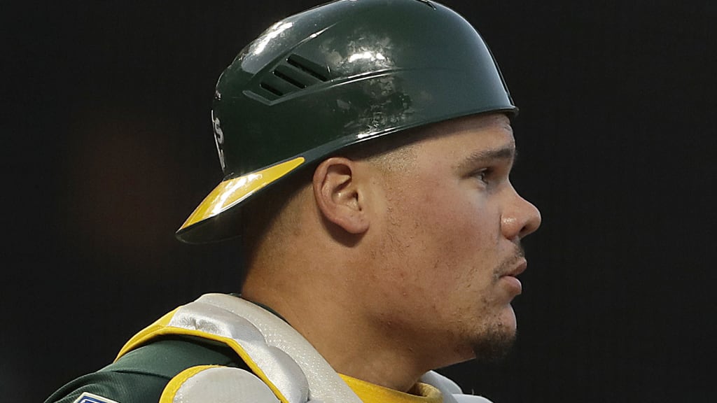 Oakland Athletics catcher Bruce Maxwell against the San Francisco Giants during a spring baseball game in San Francisco, Tuesday, March 27, 2018. (AP Photo/Jeff Chiu)