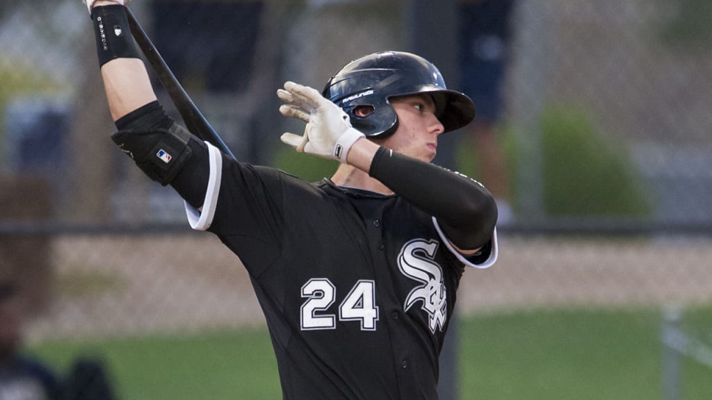 AZL White Sox first baseman Sam Abbott (24) at bat against the AZL Padres on July 31, 2017 at Camelback Ranch in Glendale, Arizona. AZL White Sox defeated the AZL Padres 2-1. (Zachary Lucy/Four Seam Images via AP Images)