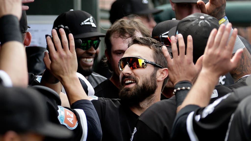 Adam Eaton celebrates in the dugout after hitting a solo home run during the third inning.