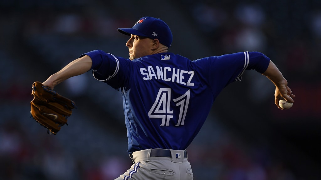 Toronto Blue Jays starting pitcher Aaron Sanchez throws to the plate during the first inning of the team's baseball game against the Los Angeles Angels on Thursday, June 21, 2018, in Anaheim, Calif. (AP Photo/Mark J. Terrill)
