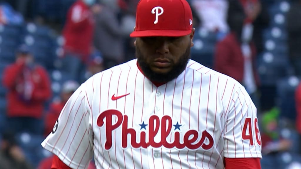 Philadelphia Phillies' Cristian Pache bunts for a single during