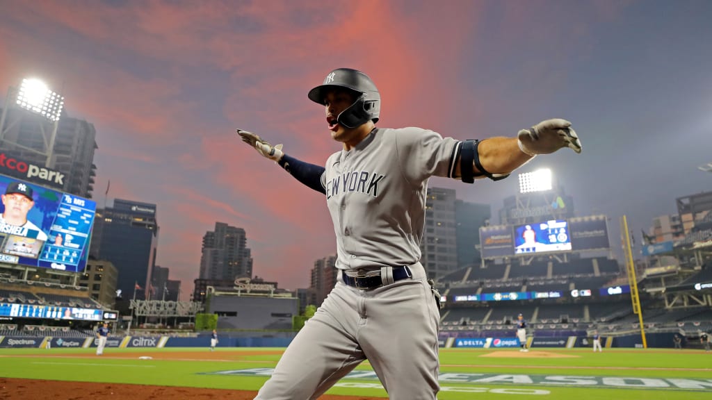 Nobody hits the ball harder or farther than Stanton, whose explosive bat makes a mockery of Statcast metrics. “He’s a guy that, if you mess up, he’s going to be jogging pretty slowly around the bases,” says Clint Frazier. (Credit: Alex Trautwig/MLB Photos)