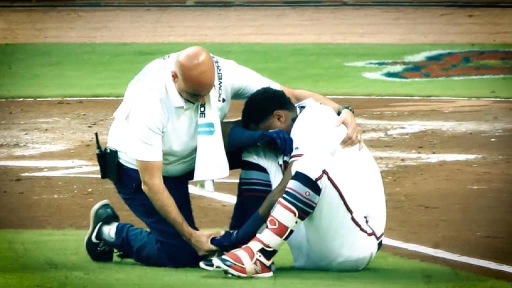 Ronald Acuña taken out of game after being hit by 97 mph pitch