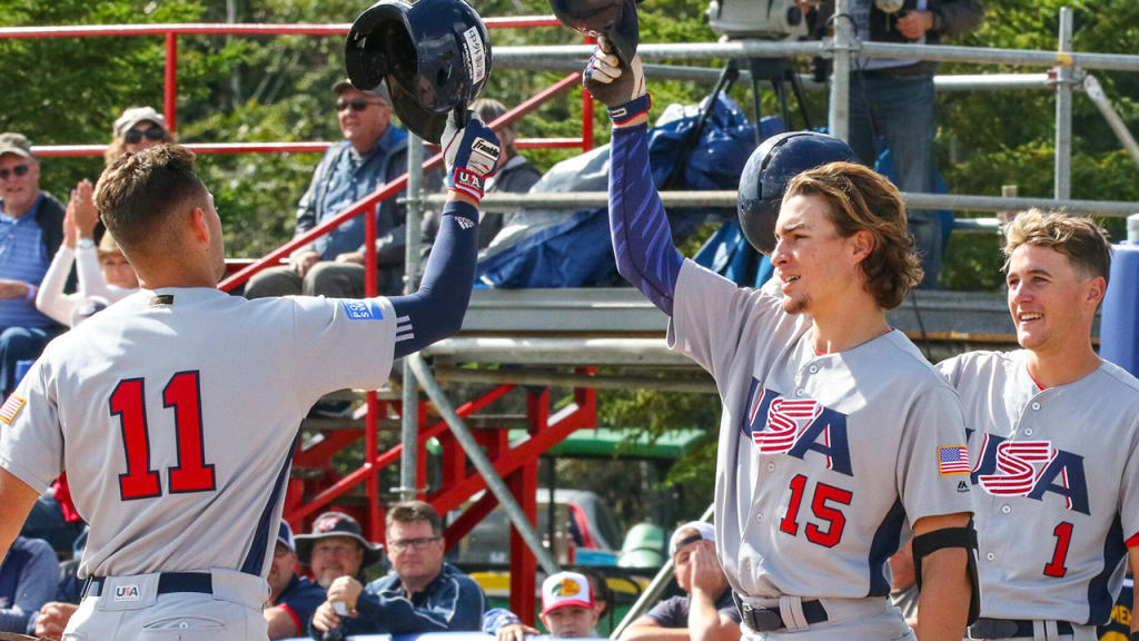 William Banfield V, Raynel Delgado and Brice Turang celebrate during Monday's 5-0 victory over South Africa. (USA Baseball)