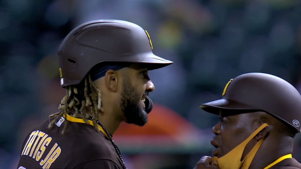 The San Diego Padres batting City Connect jersey helmets sit in