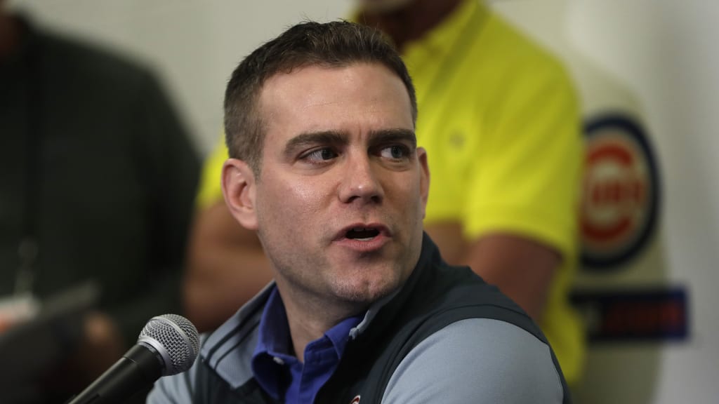 Chicago Cubs President of Baseball Operations Theo Epstein seen during a media availability at the team's spring training baseball facility Tuesday, Feb. 13, 2018, in Mesa, Az. (AP Photo/Carlos Osorio)