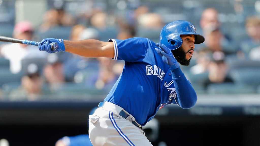 NEW YORK, NY - AUGUST 18: Richard Urena #7 of the Toronto Blue Jays follows through on a fifth inning single against the New York Yankees at Yankee Stadium on August 18, 2018 in the Bronx borough of New York City. (Photo by Jim McIsaac/Getty Images)