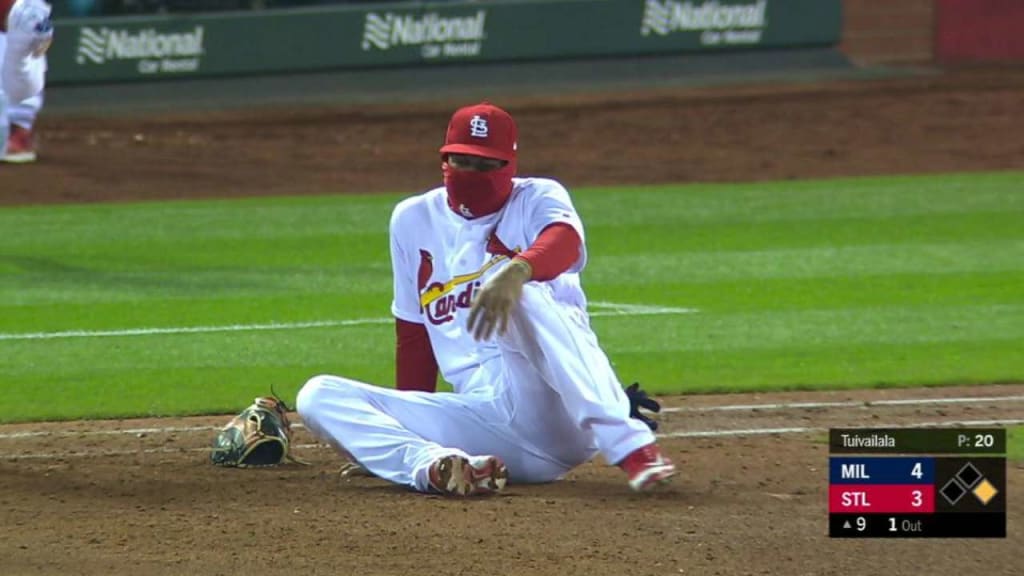 Cardinals catcher Yadier Molina is hit by a pitch in a rehab assignment