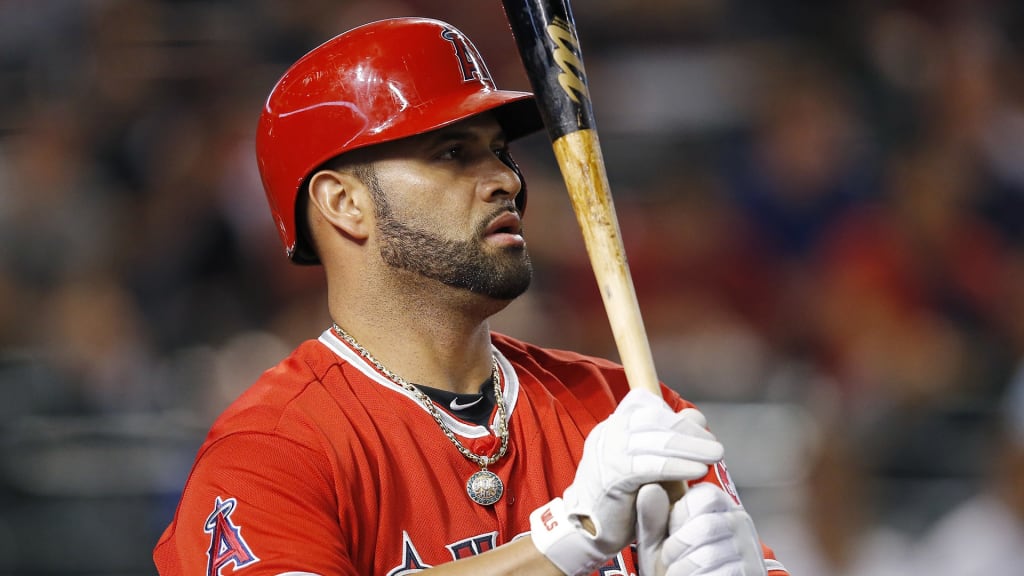 Los Angeles Angels' Albert Pujols steps in to bat against the Arizona Diamondbacks during the first inning of a baseball game Tuesday, Aug. 21, 2018, in Phoenix. (AP Photo/Ross D. Franklin)