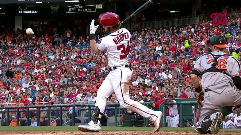 Bryce Harper literally hits the cover off ball on fouled-off pitch