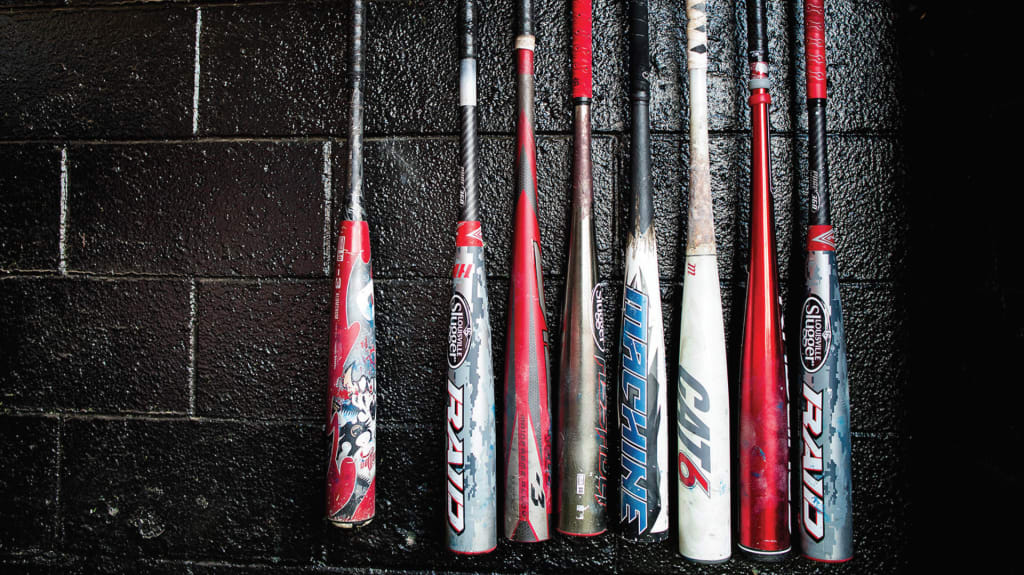 Todays bats  so-called BBCOR bats  are made of a reinforced carbon fiber polymer, or composite, rather than aluminum alloys like their predecessors. Current bats also feature a variety of bright colors and wild designs to appeal to consumers. (Photo courtesy of Logan Hawk, Texas Tech Athletics.)