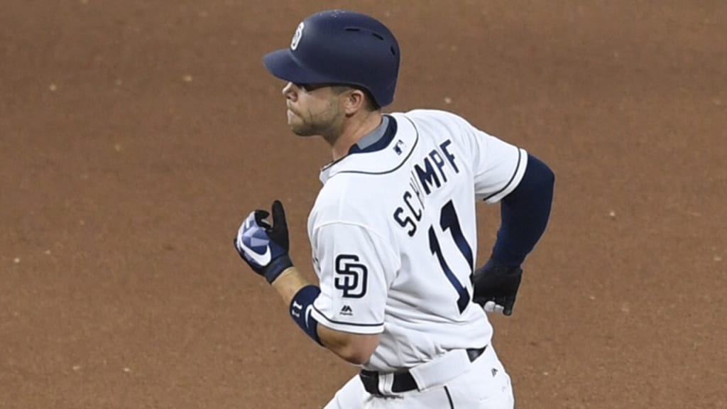 Ryan Schimpf has homered twice against the Dodgers' Clayton Kershaw this season. (Padres)