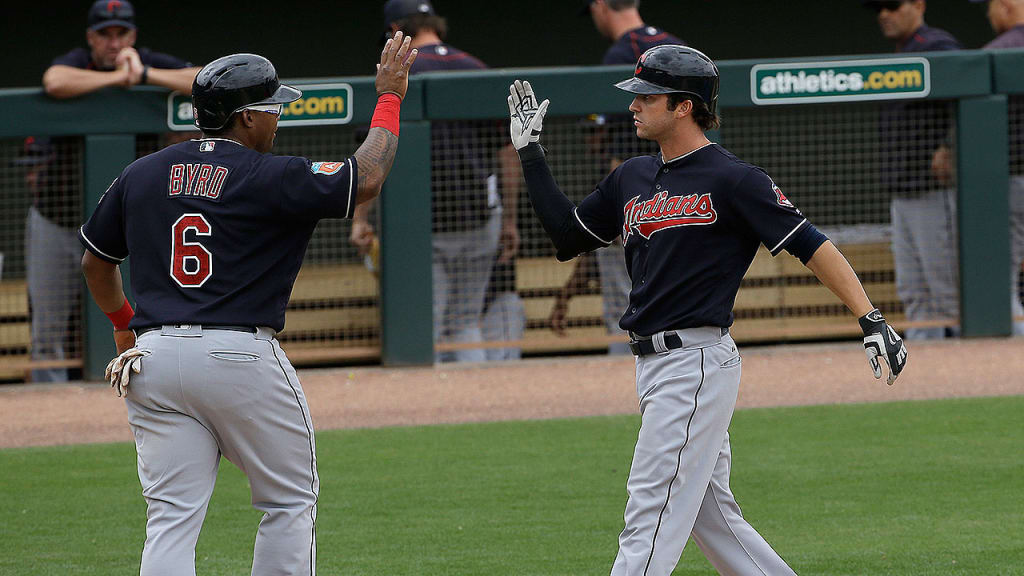 Cleveland Indians' Tyler Naquin runs the bases after hitting a