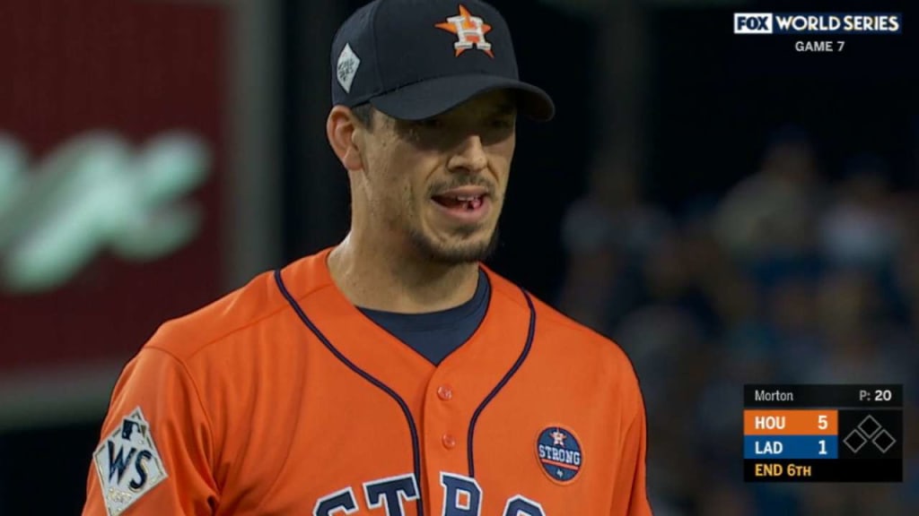 Charlie Morton recording three World Series outs after getting his