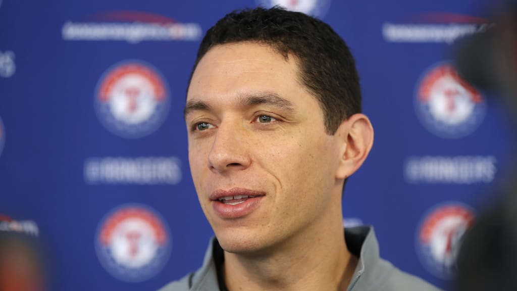 Texas Rangers General Manager Jon Daniels speaks to reporters during a baseball spring training workout, Thursday, Feb. 15, 2018, in Surprise, Ariz. (AP Photo/Charlie Neibergall)