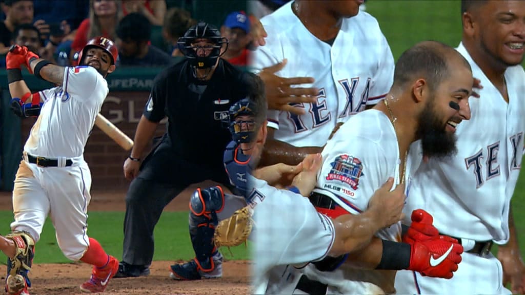 Texas Rangers' Shin-Soo Choo hits a sacrifice fly to score Rougned