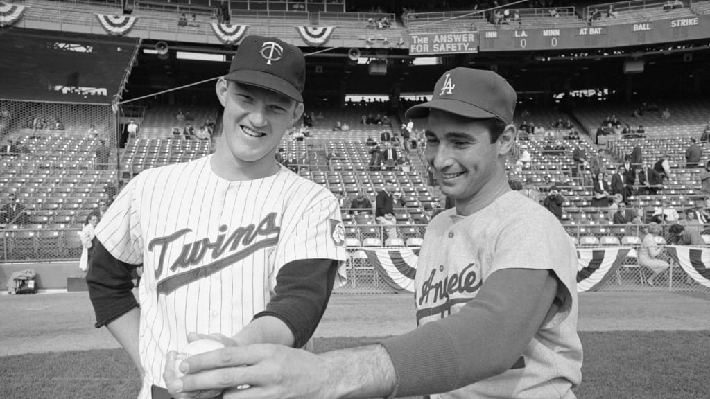 Kaat had never faced Koufax \[R\] before they met in Game 2 of the 1965 Fall Classic in Minnesota. Not only did the Twins’ left-hander outpitch that year’s Cy Young winner, but Kaat also drove in a pair of runs to help lead Minnesota to a 5-1 victory. Despite taking a 2-games-to-none lead in the Series, the Twins would fall in seven games, with Koufax outdueling Kaat in Games 5 and 7. (Photo Credit: Getty Images)