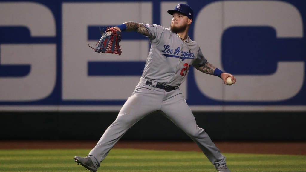 Los Angeles Dodgers outfielder Alex Verdugo gold chain during a