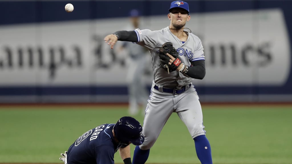 Cavan Biggio of the Toronto Blue Jays looks on from first base