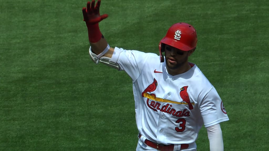 St. Louis Cardinals' Dylan Carlson is congratulated by teammates after  hitting a two-run home run during the fifth inning of the team's baseball  game against the Chicago Cubs on Tuesday, Aug. 2