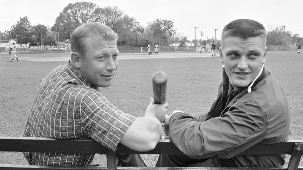 Former Yankee star Roger Maris talks with Hank Aaron on July 17, 1973, in  Atlanta. Maris says h …