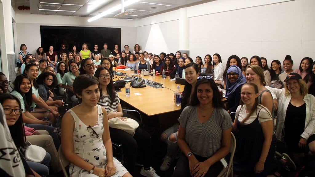A group of 60 students enrolled in area Girls Who Code camps this summer were welcomed at MLBAM headquarters Friday. (Evan Fogel)