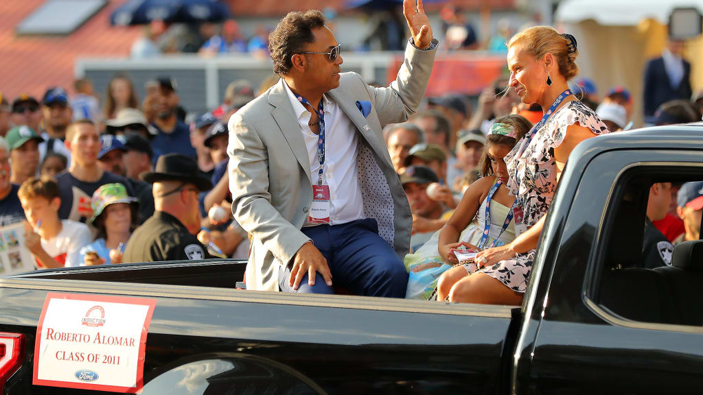 COOPERSTOWN, NY - JULY 28: Hall of Famer Roberto Alomar arrives during the 2018 Hall of Fame Parade of Legends at the National Baseball Hall of Fame on Saturday July 28, 2018 in Cooperstown, New York. (Photo by Alex Trautwig/MLB Photos via Getty Images)