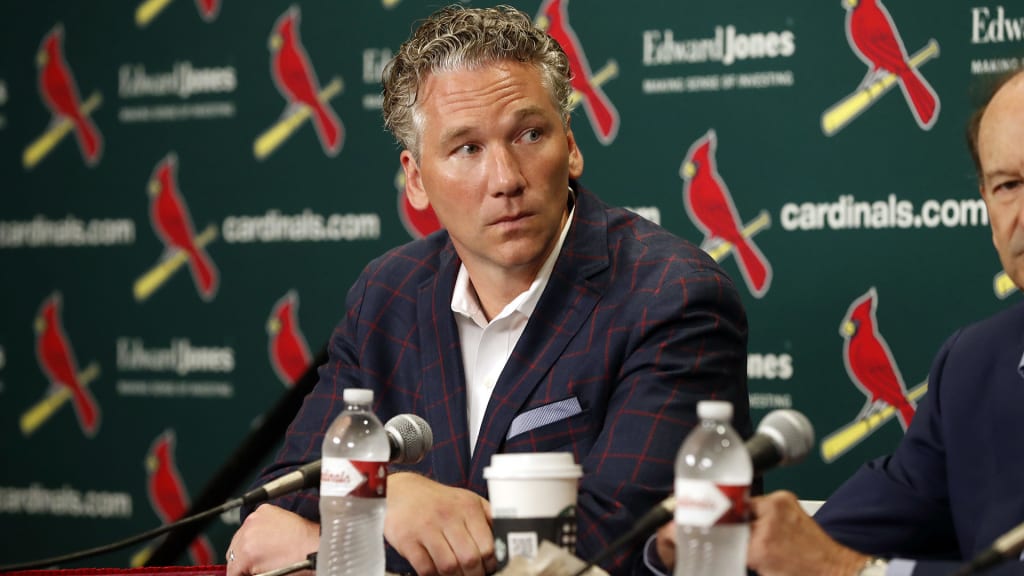 St. Louis Cardinals general manager Michael Girsch takes part in a news conference to discus the firing of Cardinals manager Mike Matheny before a baseball game between the Cardinals and Cincinnati Reds Sunday, July 15, 2018, in St. Louis. The Cardinals fired Matheny after an 8-2 loss to the Cincinnati Reds on Saturday night with the team hovering around .500. (AP Photo/Jeff Roberson)