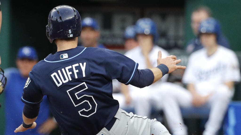 Tampa Bay Rays' Matt Duffy slides home to score on a single by Adeiny Hechavarria during the first inning of a baseball game against the Kansas City Royals Tuesday, May 15, 2018, in Kansas City, Mo. (AP Photo/Charlie Riedel)