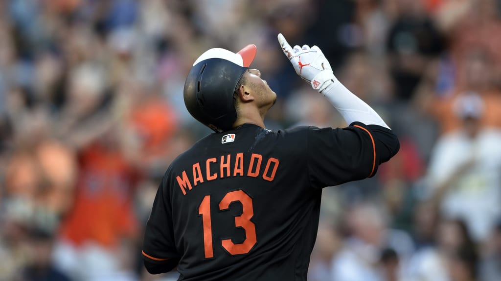 Baltimore Orioles' Manny Machado celebrates his home run during the first inning of a baseball game against the New York Yankees, Friday, June 1, 2018, in Baltimore. (AP Photo/Nick Wass)