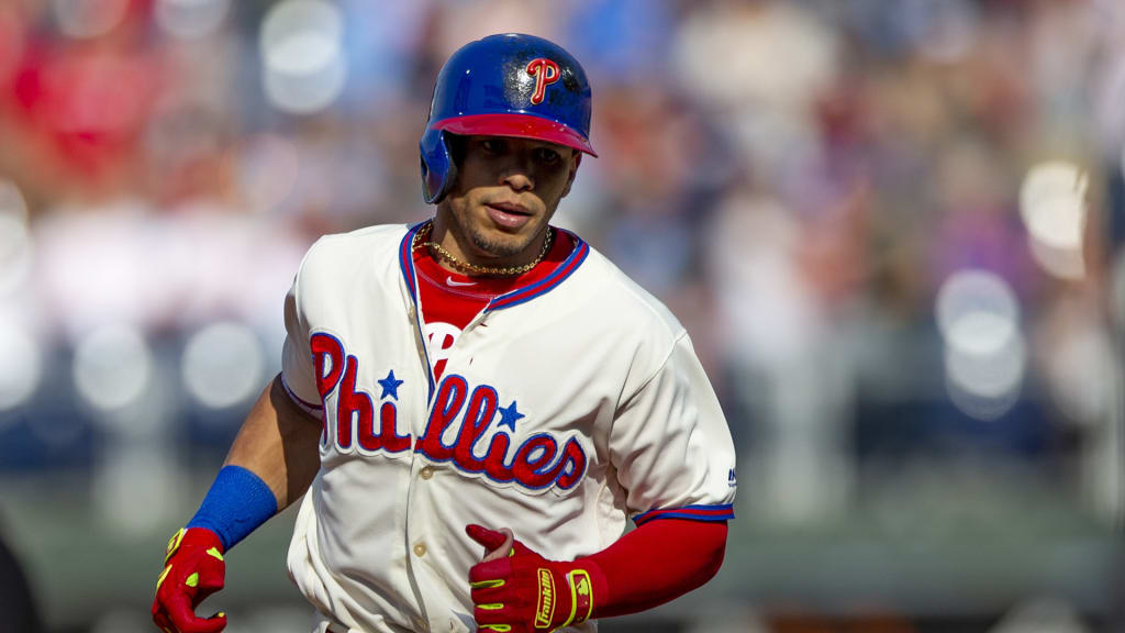Philadelphia Phillies' Cesar Hernandez (16) runs the bases after hitting a home run in the first inning of a baseball game against the Atlanta Braves, Sunday, Sept. 30, 2018, in Philadelphia. (AP Photo/Laurence Kesterson)