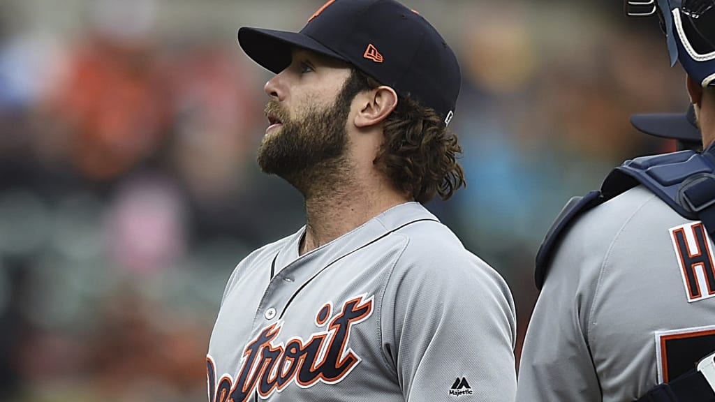 Detroit Tigers Daniel Norris, left, with catcher John Hicks before leaving the baseball game in the third inning of baseball game against the Baltimore Orioles, Sunday, April 29, 2018, in Baltimore. (AP Photo/Gail Burton)
