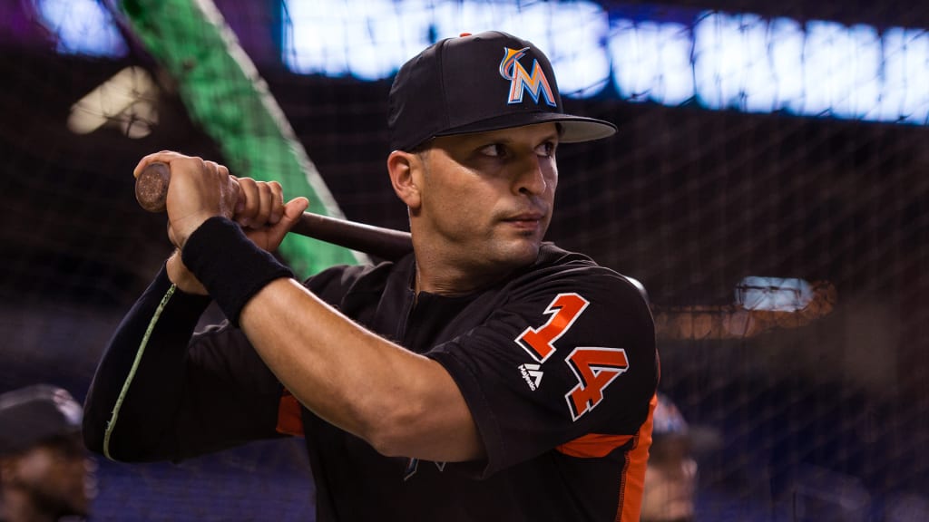 MIAMI, FL - APRIL 27: Batting Practice Martin Prado #14 of the Miami Marlins against The Colorado Rockies at Marlins Park on April 27, 2018 in Miami, Florida. (Photo by Peter Rentschler/Miami Marlins)
