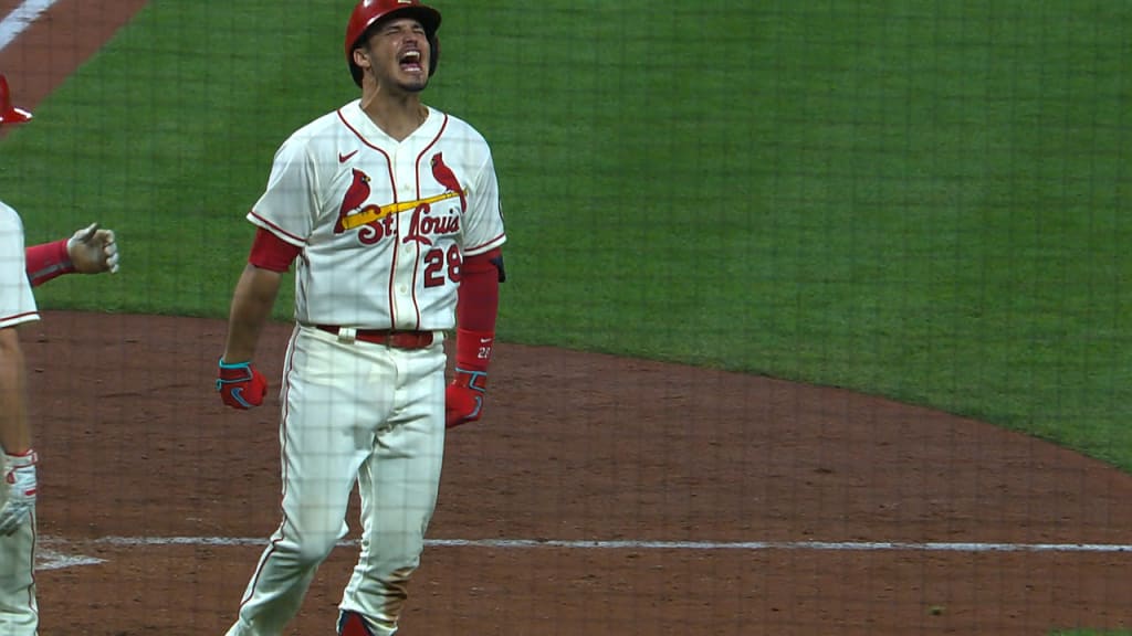 St. Louis, United States. 13th Apr, 2021. St. Louis Cardinals Nolan Arenado  watches the action against the Washington Nationals, from the dugout in the  third inning at Busch Stadium in St. Louis